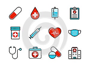 Medical and healthcare icon set colorline style. Symbols for website, print, magazine, app and design