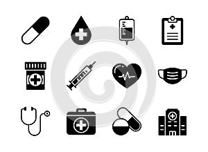 Medical and healthcare icon set glyph style. Symbols for website, print, magazine, app and design