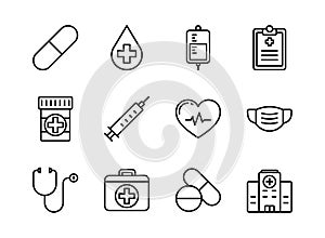 Medical and healthcare icon set outline style. Symbols for website, print, magazine, app and design