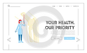 Medical Healthcare Landing Page Template. Doctor Orthopedist with Pointer Look at Huge Picture of Leg Skeleton Bones