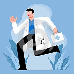 Medical, healthcare services concept, Doctor running with first aid box, vector illustration character design