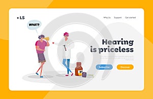 Medical Hear Exam Landing Page Template. Female Character Hard of Hearing. Woman Suffer of Hearing Impairment photo
