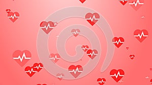 Medical heart beat pulse flat white on red hearts pattern background.