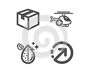 Medical helicopter, Dirty water and Parcel icons. Direction sign. Sky transport, Aqua drop, Shipping box. Vector