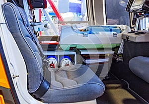 Medical helicopter with emergency baby life support equipment inside