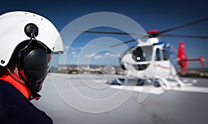 Medical helicopter on a hospital rooftop helipad