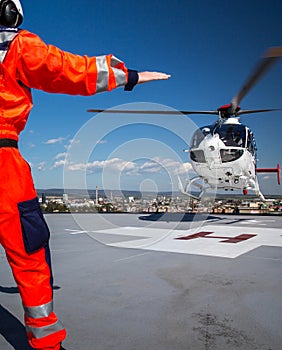 Medical helicopter on a hospital rooftop helipad