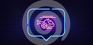 Medical helicopter line icon. Emergency sky transport sign. Neon light speech bubble. Vector