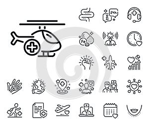 Medical helicopter line icon. Emergency sky transport sign. Online doctor, patient and medicine. Vector