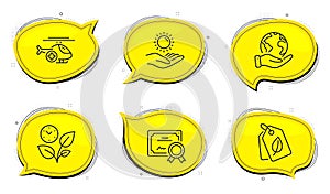 Sun protection, Bio tags and Leaves icons set. Medical helicopter sign. Ultraviolet care, Leaf, Grow plant. Vector
