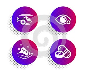 Medical helicopter, Skin care and Farsightedness icons set. Medical drugs sign. Vector