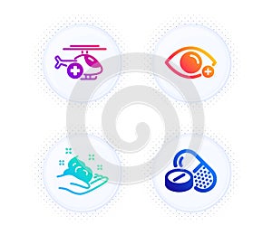Medical helicopter, Skin care and Farsightedness icons set. Medical drugs sign. Vector photo