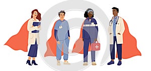 Medical heroes team. Superhero doctors, emergency worker and nurse. Hospital staff in red cape vector characters