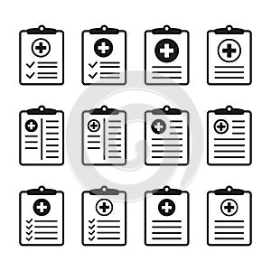 Medical history icon, medical report symbol. Health care clipboard icon. Medical card icon.