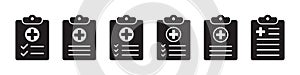 Medical history icon, medical report symbol. Health care clipboard icon. Medical card icon.