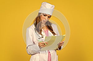 Medical history prescription. Woman work at clinic. Doctor with stethoscope at hospital. Girl with folder. Medical