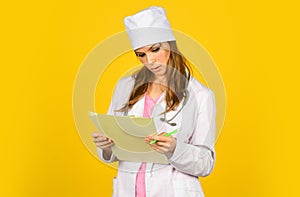 Medical history prescription. Woman work at clinic. Doctor with stethoscope at hospital. Girl with folder. Medical