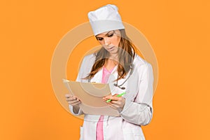 Medical history prescription. Woman work at clinic. Doctor with stethoscope at hospital. Girl with folder. Medical