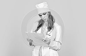 Medical history prescription. Woman work at clinic. Doctor with stethoscope at hospital. Girl with folder. Medical