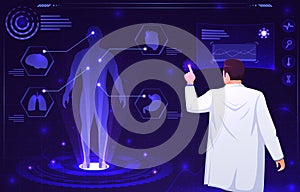 Medical holographic scene . Doctor is diagnose by health technology with patient body scan . Augmented Reality concept . Vector