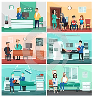 Medical hospital. Clinical care, emergency nurse with patient and hospitals doctor vector cartoon illustration