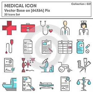 Medical Hospital and Health Care Icons Set Collection, Medicine Doctor Occupation Icon. Healthcare Treatment Medic Pharmacy Vector