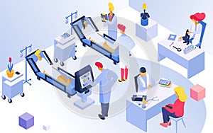 Medical hospital place, professional doctor character treat patient, treatment examination room 3d isometric vector