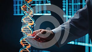 Medical HUD and a DNA chain. Medical HUD and a blue and white DNA sketch against a blurred blue background.