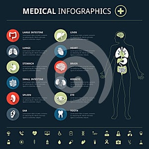 Medical human organs icon set with body in the middle