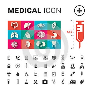 Medical human organs and medical icon set with big syringe