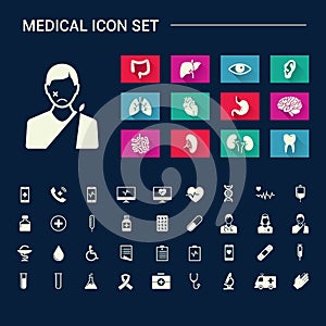 Medical human organs and medical icon set with sad face on dark background