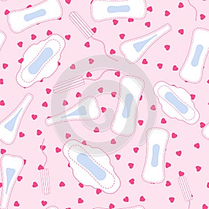 Medical hygiene conception pattern. Seamless vector pattern with menstruation sanitary pads, red hearts and cotton tampon