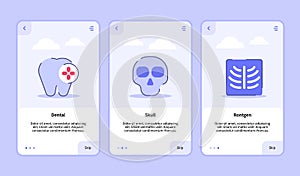 Medical icon dental skull rontgen onboarding screen for mobile apps template banner page UI with three variations modern