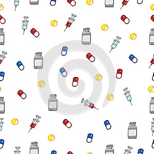 Medical icon. injection, pill, capsule, medicine bottle illustration on white background. seamless pattern. hand drawn vector. hea