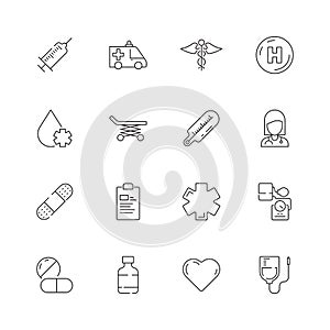 Medical icon. Urgency healthcare emergency capsule drugs pills vector thin line symbols