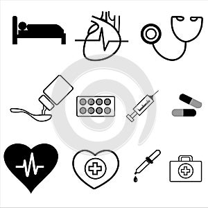 Set of Outline Medical Icons in Monochrome Flat Design. Vector Illustration