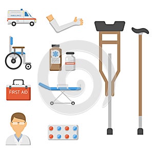 Medical icons set care ambulance hospital emergency human pharmacy vector illustration.