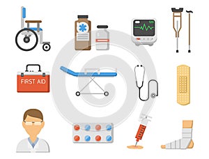 Medical icons set care ambulance hospital emergency human pharmacy vector illustration.