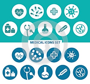 Medical icons set. Heart, pills, medical cross, bacteria