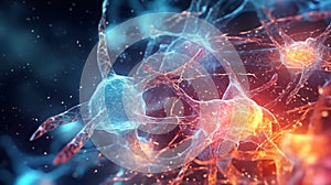 Medical illustration of human neuron cells neuroactivity: glowing brain link knots, neurotransmitters, Generative AI
