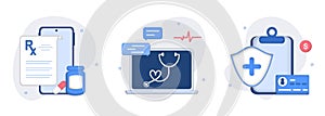 Medical illustration set. Online prescription, online medical services, health insurance and patients id card. Medicine and health