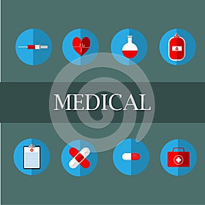 Medical illustrations include: blood bags, test tubes, syringes, heart pumps. Pasteur first aid box, treatment table and medicine