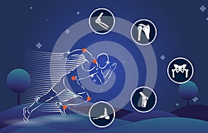 Medical infographic orthopedic. Human silhouette in Golf motion injury of elbow, shoulder, spine, pelvis, knee, and foot.