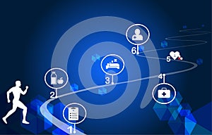 Medical infographic orthopedic. Human silhouette in motion. Check list before run a marathon