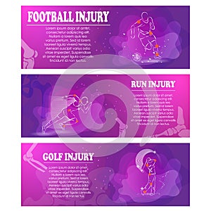 Medical infographic orthopedic. Human silhouette sport and injury of bone x-ray legs knee or foot, spine and arm hand or wrist and