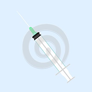 Medical injection syringe in flat style isolated on blue color. Vector stock illustration. Needle icon, medical icon isolated,