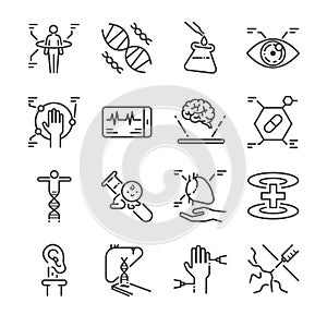 Medical innovation line icon set. Included the icons as physical scan, digital eye, dna, pseudo heart, organ printing and more.