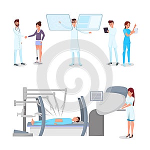 Medical innovations flat vector illustrations set. Hospital staff with modern gadgets and patient with prosthesis