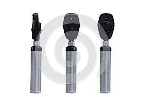 Medical instruments ophthalmoscope front back and side view on white background.with clipping path