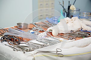 Medical instruments in the surgical operating room before surgery.